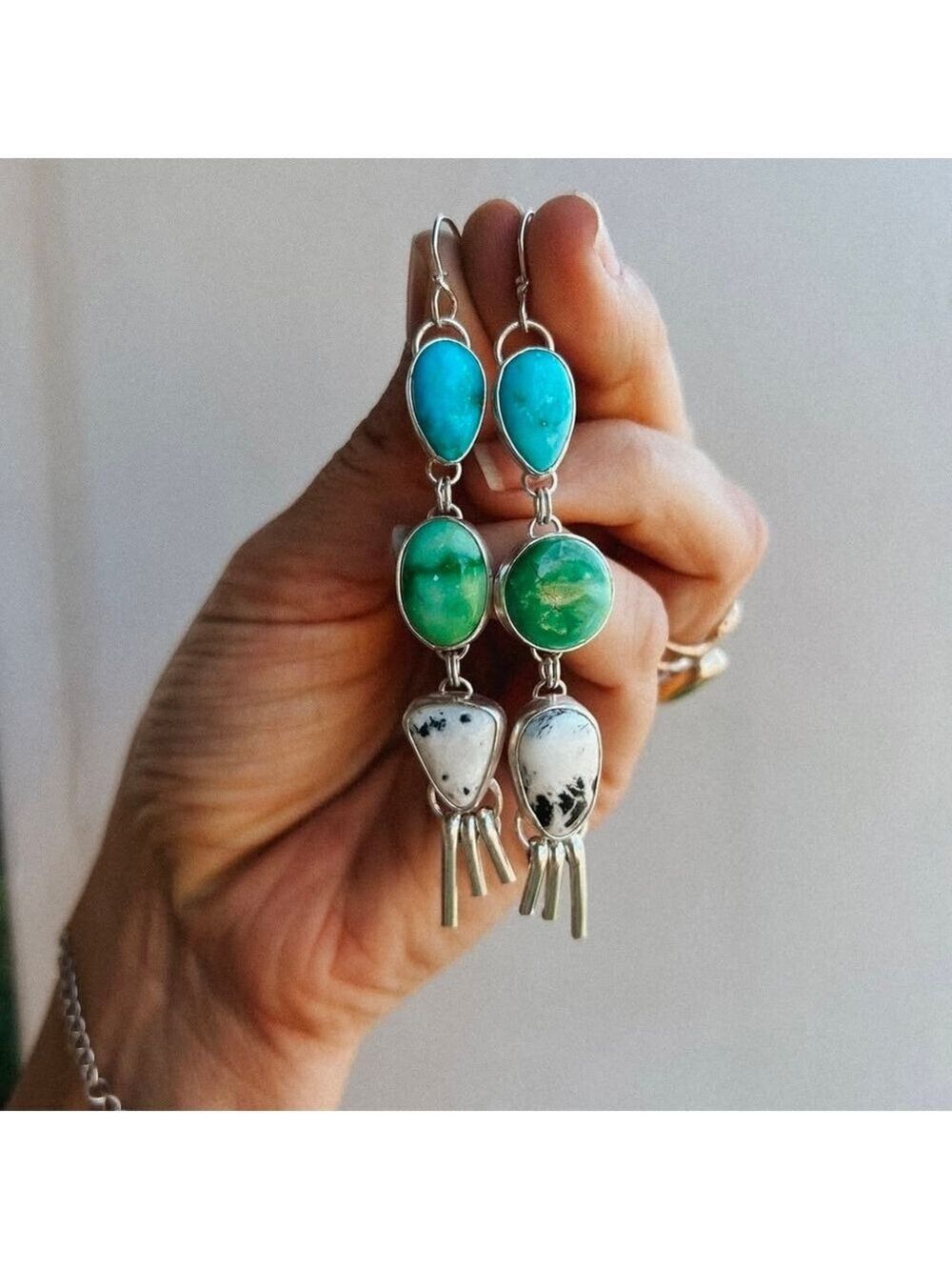 Blue ridge and Manassa turquoise, and White buffalo triple stone earrings
